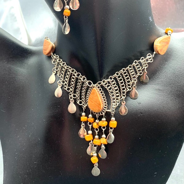 Natural yellow jasper and steel wire laced cascade choker necklace and dangle drop earrings vintage boho style jewellery set for a woman
