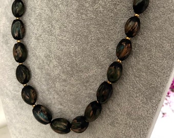 Tagged Cobima Palma Mallorca velvety black ceramic olive shape metallic colours hand painted beads vintage necklace. Gift for her.