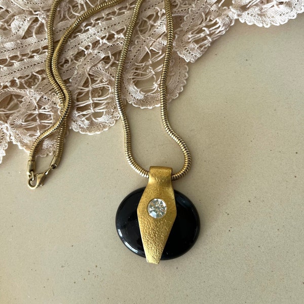 Elegant Art Deco Style Black Glass Oval Pendant with a Rhinestone on a Long Snake Gold Tone Metal Chain Vintage Necklace. Gift for Her.