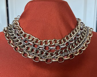 Vintage massive large silver and gold metal chains choker necklace. 5 strand chain choker for a woman or unisex. Gift for her. Gift unisex