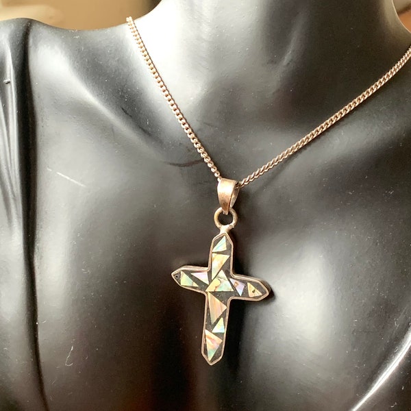 Signed Italy hallmarked silver 925 Cross decorated with Mother of Pearl solid pendant on a silver chain necklace for a woman or unisex.