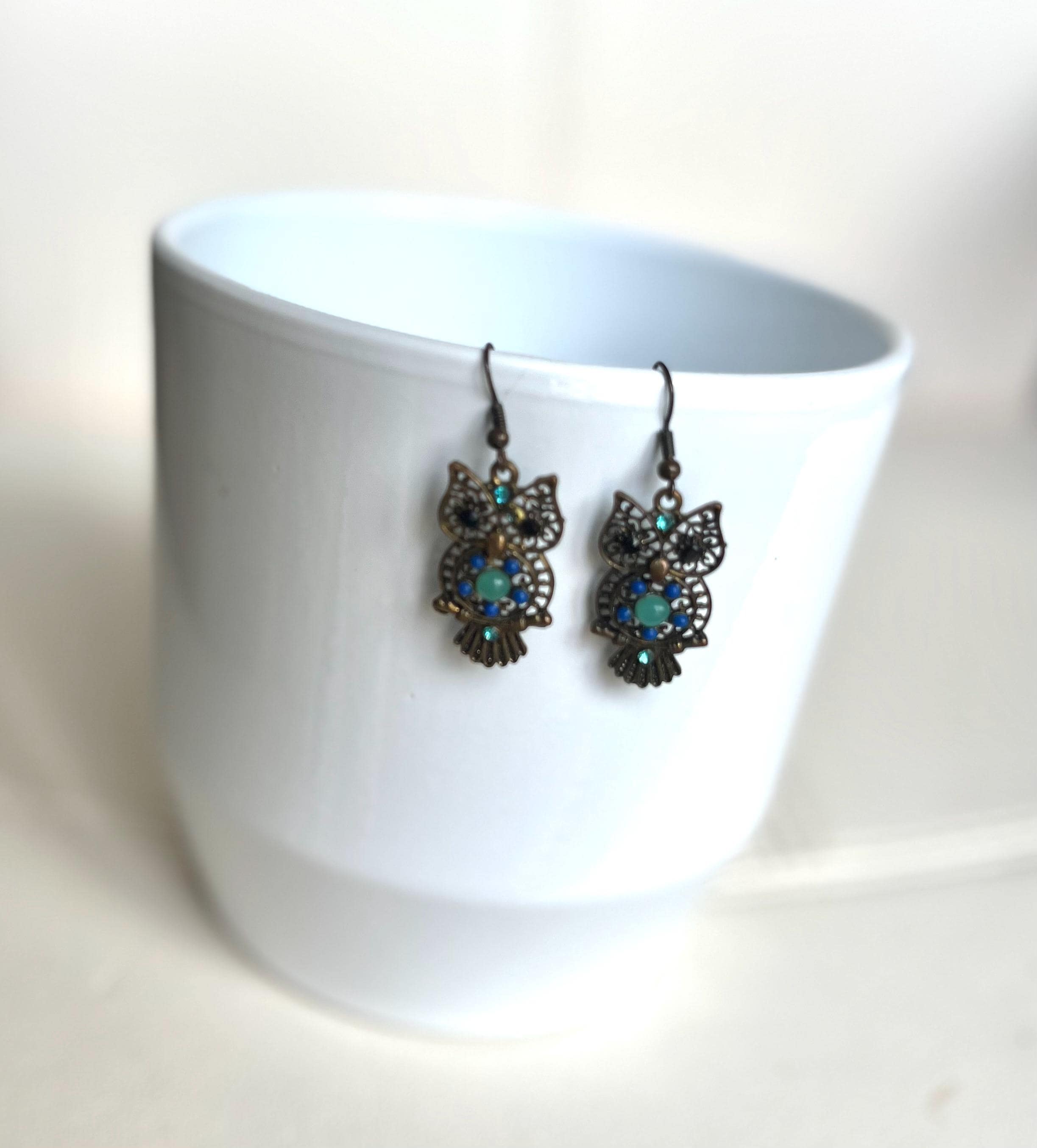 Filigree Owl Shaped Brass and Blue Colour Various Materials Cabochons Vintage Boho Style Dangle Drop