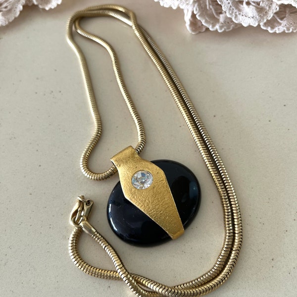 Elegant Art Deco Style Black Glass Oval Pendant with a Rhinestone on a Long Snake Gold Tone Metal Chain Vintage Necklace. Gift for Her.