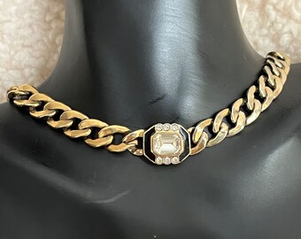 Gold tone Metal Thick Curb Chain Vintage Choker Necklace with a central Crystal in an Black Enamel Frame with Diamantes. Gift for her