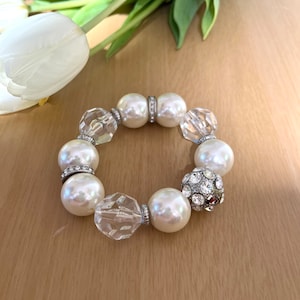 Large Faux Pearls and Facet Cut Crystal Beads Elasticated Vintage Boho Style Bracelet for a Woman. Gift for Her. Summer Holidays Accessory.