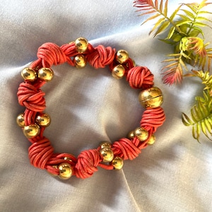 Vintage braided of soutache coral and gold colour bracelet. Cotton bracelet on a magnetic clasp. Boho style coral bracelet. Gift for her.
