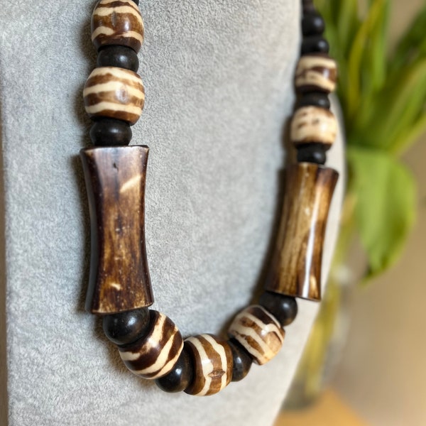 Impressive large Brown Bone and Wood Beads Boho or Hippie Style Vintage Necklace Unisex. Ethnic Massive Necklace. Gift for Her. Gift for Him
