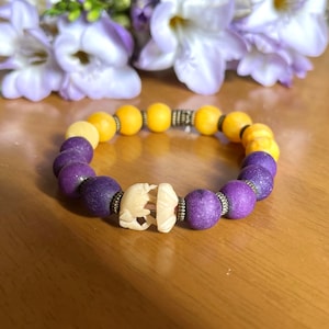 Unique purple and yellow natural Shungite and vintage Indian carved bone Elephant beads elasticated bracelet. Boho style gift unisex.