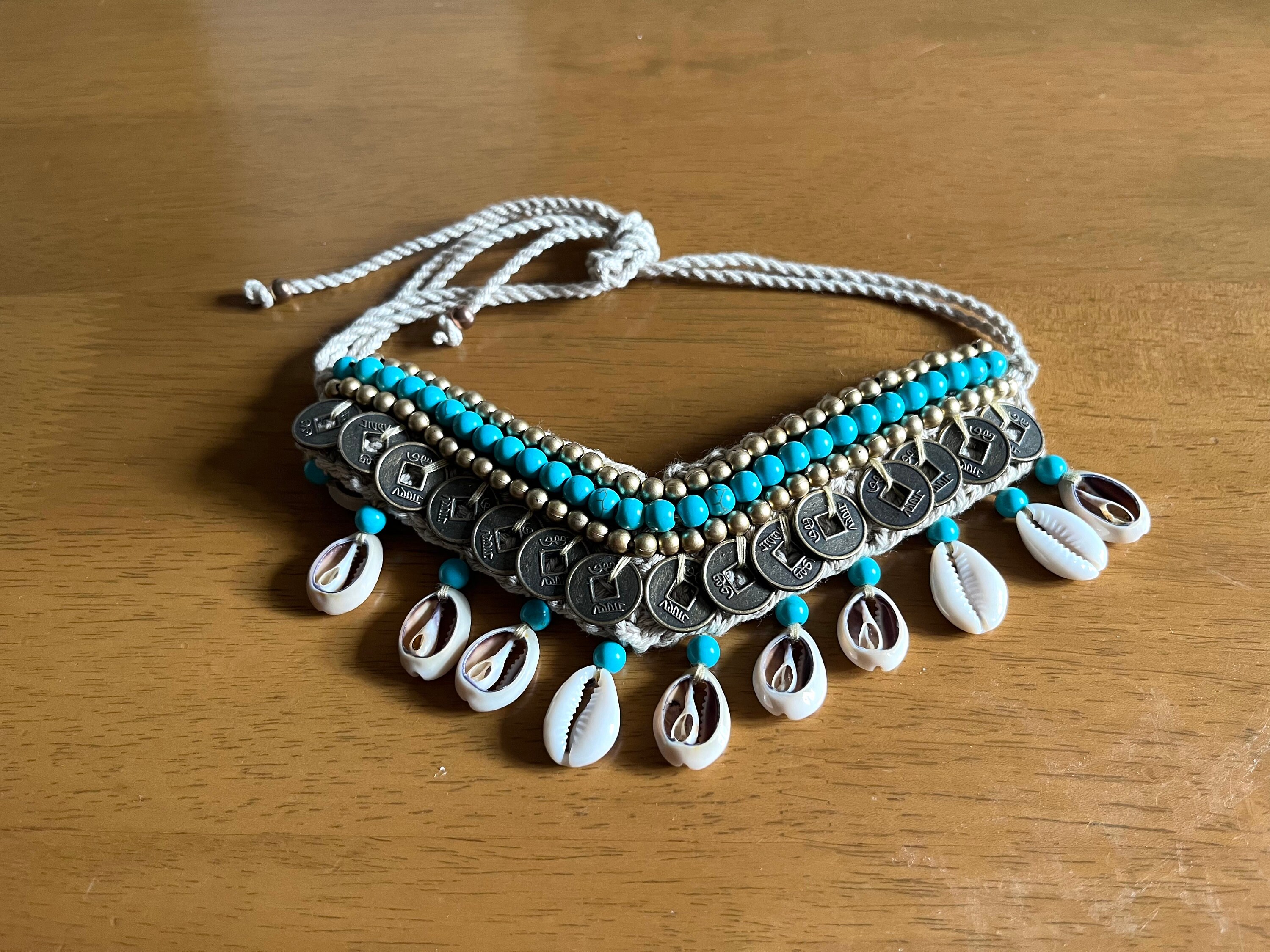 Collier Ras Du Cou Ethnique Vintage - Coquillage Et Bronze - Style Tribal Bohème