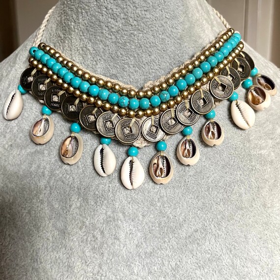 Vintage Cowrie Shell Beaded Belt Necklace Tribal Boho Turquoise Accent Adjustab Vintage Cowrie Shell Beaded Belt Boho Tribal Statement Wide  main image 2