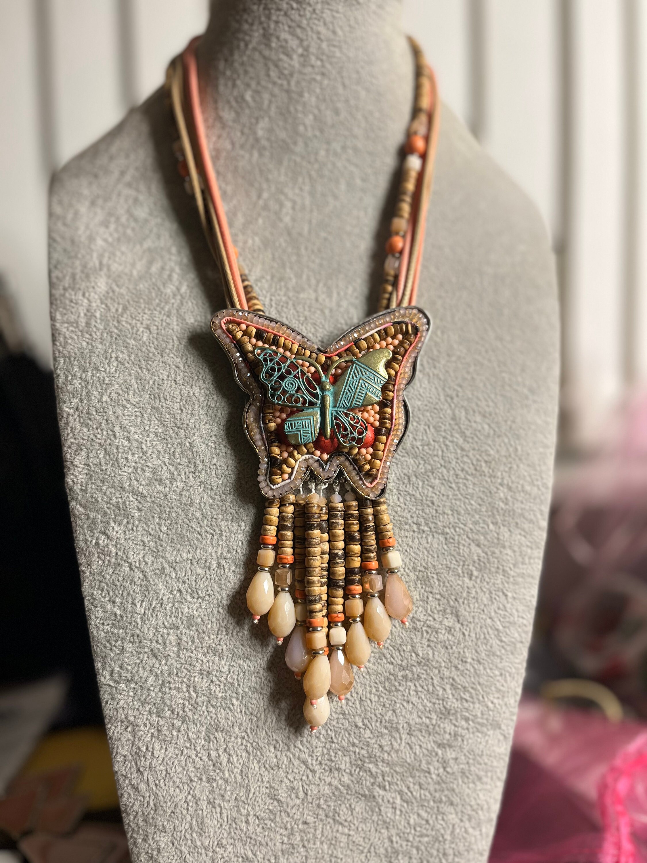 Collana Vintage Boho Fatta A Mano – Ciondolo Farfalla In Lega, Stratificata In Legno, Regolabile, Gioiello Per Donna - 3