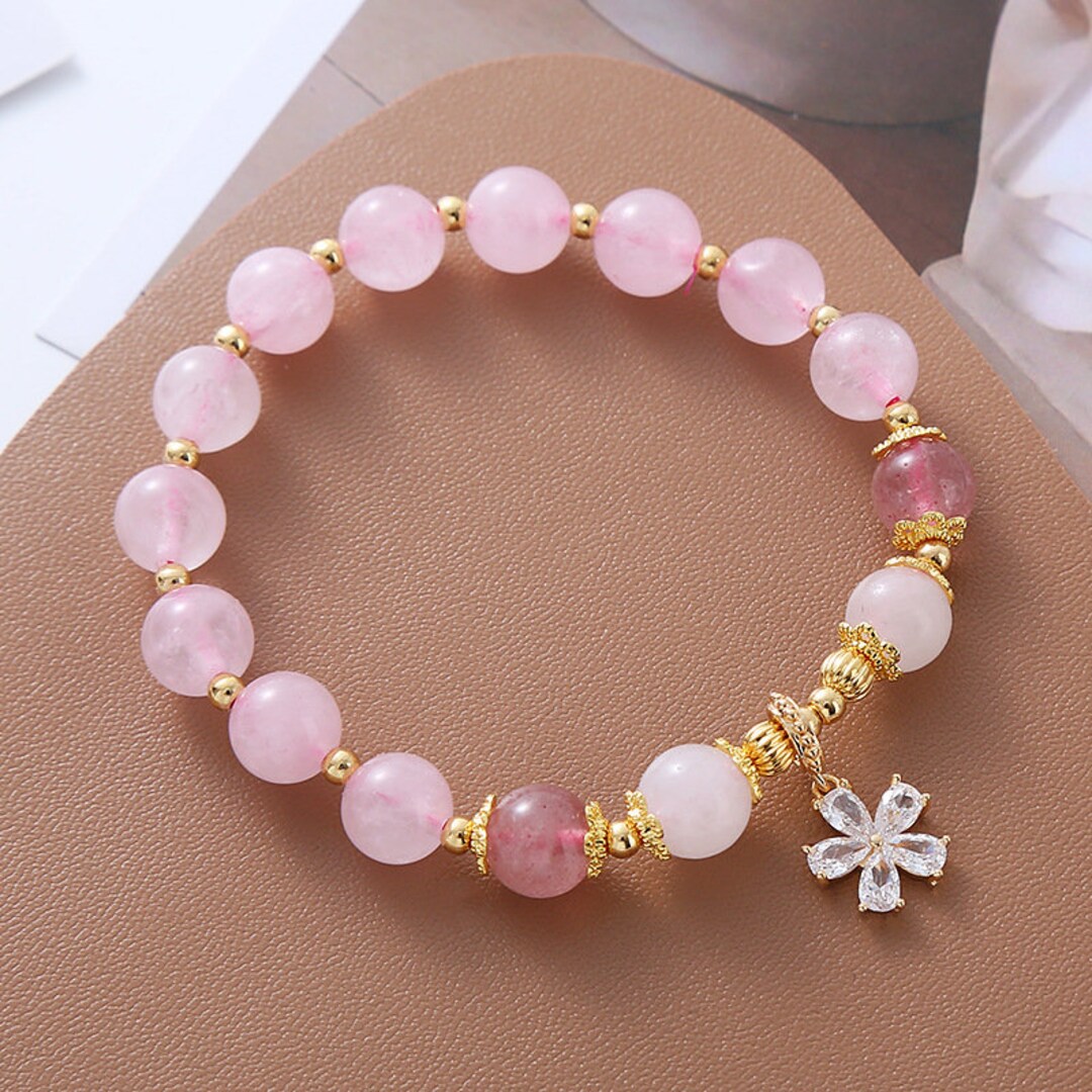 Rose Quartz Bead Bracelet With Zircon Flower Charmgirl Etsy Israel
