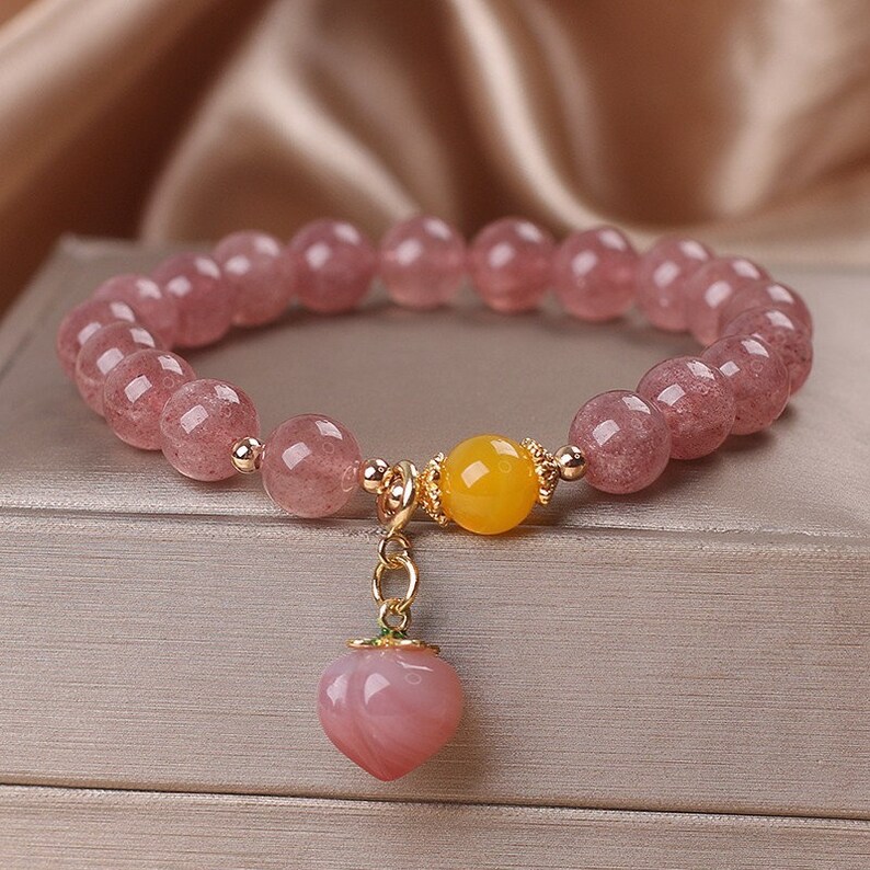 Strawberry Quartz Beads Bracelet With Peach Agate Pendant Etsy