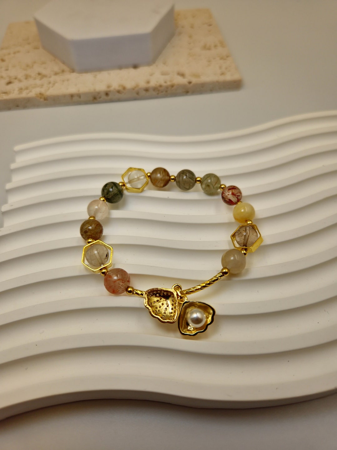 Rutilated Quartz Beads Bracelet With Shell and Pearlwomen Etsy