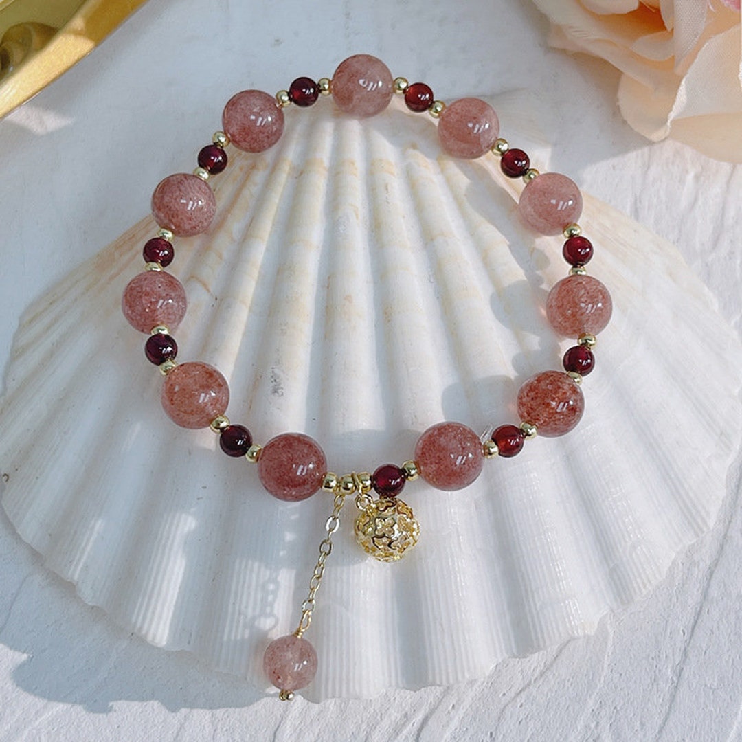 Strawberry Quartz Beads Bracelet With Gold Ball Pendant Etsy Israel