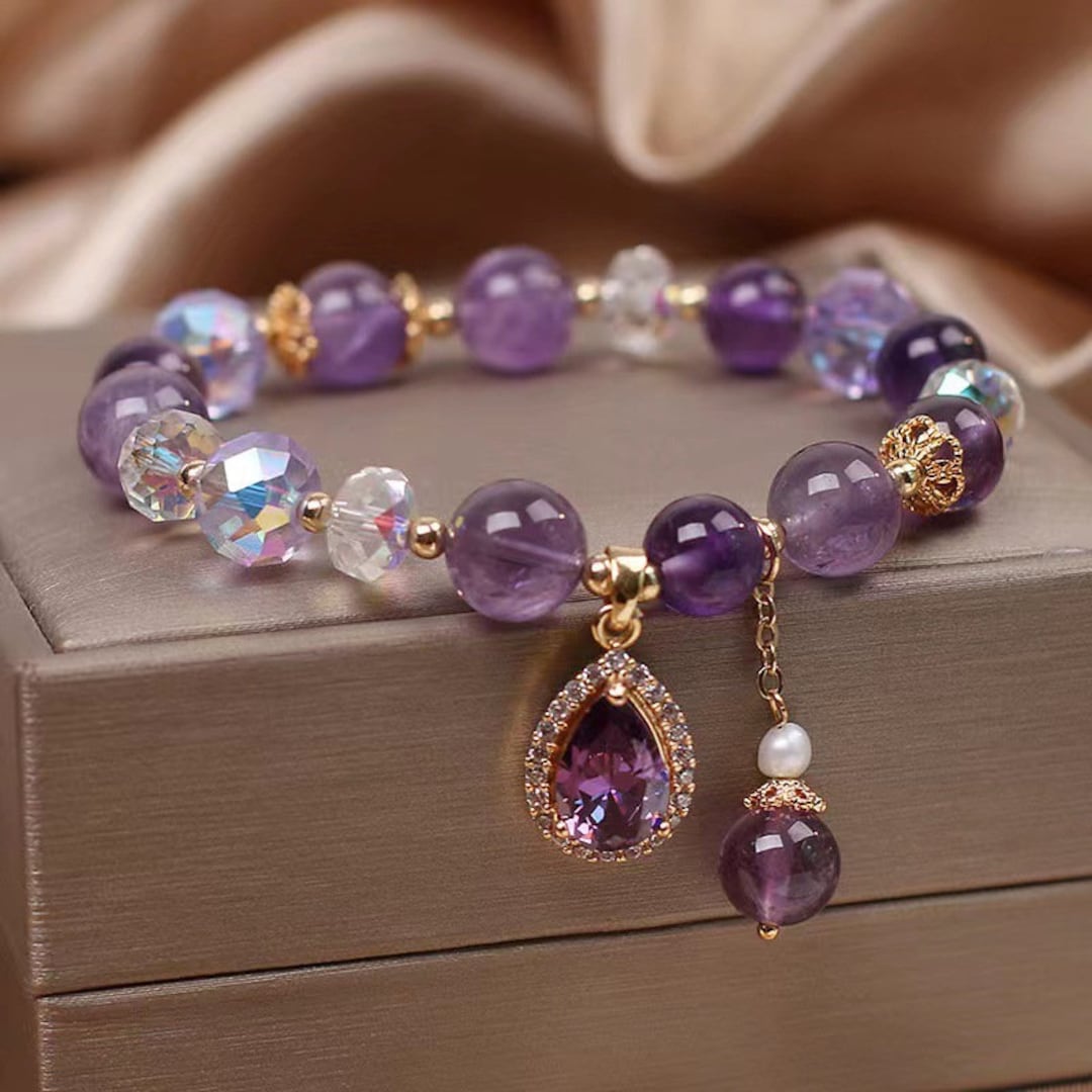 Natural Amethyst Crystal Bracelet With Waterdrop Pendant, Women Healing