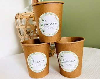 Cardboard cups with personalized labels country theme, foliage, plant nature