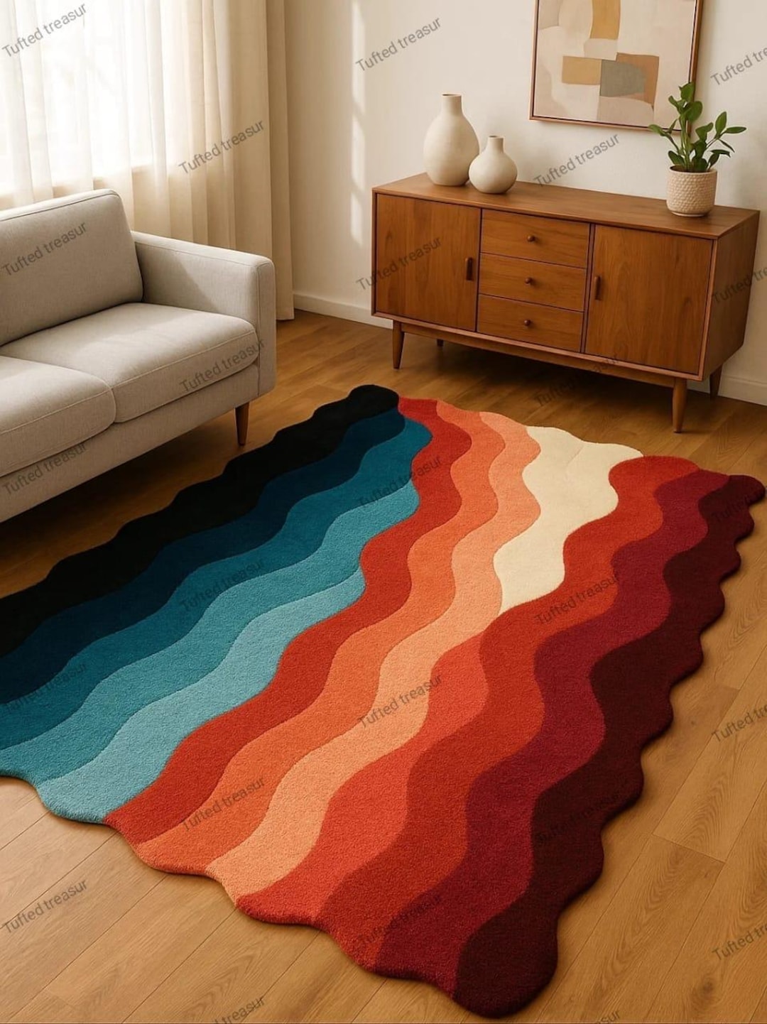 Wool Wave Rug Hand Tufted Wool Rug: Retro Wave Design, Multicolor Abstract Rug - Etsy