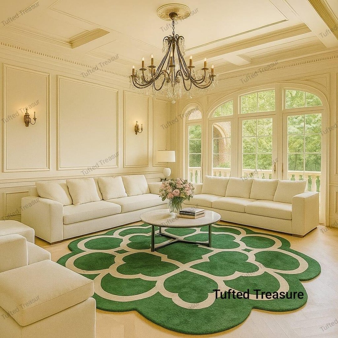 Handmade Wool Tufted Clover Rug: Green & Cream Modern Carpet for Living ...