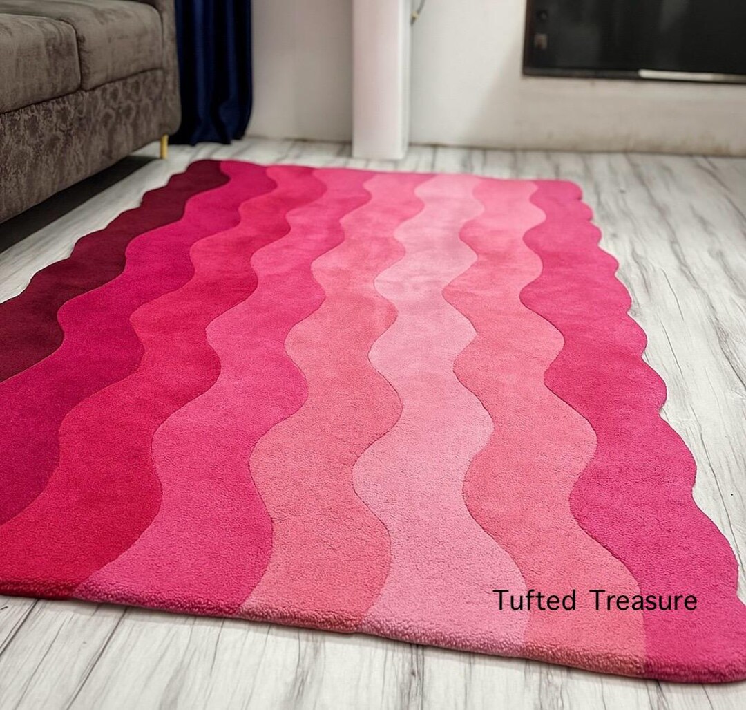 Hand-tufted Wavy Ombre Rug: Modern Pink Gradient, 100% New Zealand Wool ...