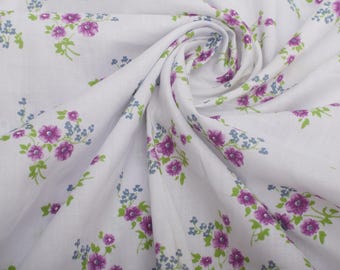 Vintage French 1950s Lavender Floral Cotton Fabric, Soft Natural Cotton Textile for Sewing