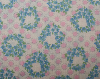 1970s Vintage seersucker cotton Fabric, blue pink floral white background, fabric for summer, 1.7Yd