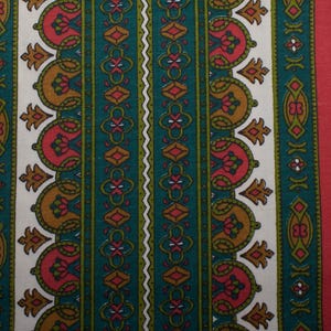 Vintage Cotton Fabric, Red Green Floral Stripe Print, 1960s Home Decor Sewing