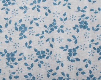 1960s Vintage cotton fabric, blue flowers on white background, 1.3 yds by 47"