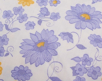 1960s Vintage cotton brushed twill Fabric, purple yellow flowers on white background