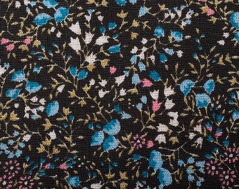 1.2Yd 1980s Vintage Ditsy Floral Cotton Fabric, blue pink white black, Quilting Sewing Retro