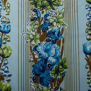 1950s Vintage cotton sateen fabric, floral stripes green blue