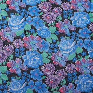 1980s Vintage cotton fabric, small blue roses on black, Quilting Sewing Retro