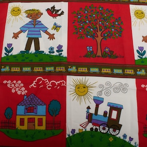 Tela de algodón vintage, rojo y blanco, estampado de dibujos animados infantiles de los años 60