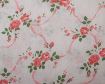 Tessuto di cotone francese vintage degli anni '50, piccole rose bianche verdi rosa, Quilting Sewing Retro BTY