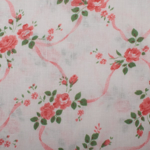 1950s Vintage French cotton Fabric, pink white green small roses, Quilting Sewing Retro BTY