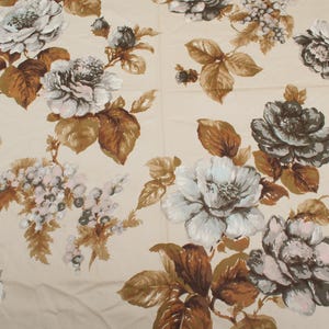 Elegant 1950s Vintage cotton sateen Fabric, large roses flowers gray brown beige, Home Decor