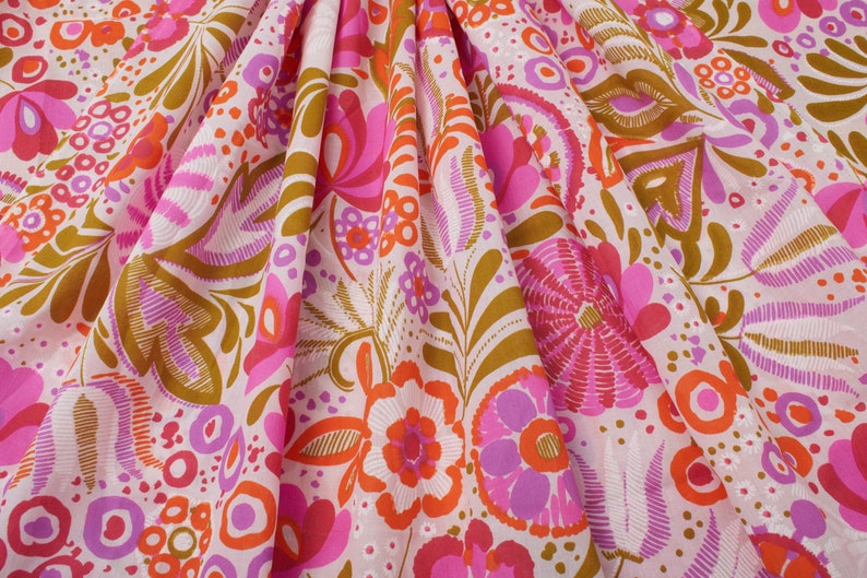 Flower Power jaren 1970 Vintage katoenmix stof, roze oranje wit, Home Decor BTY afbeelding 7