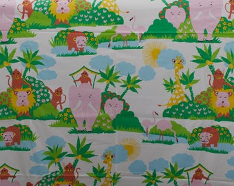 1980s Сhildren's cotton fabric, jungle exotic animals, elephant giraffe, BTY