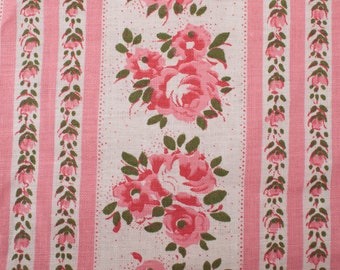 Prachtige jaren 1960 Vintage Franse katoenen stof, roze rozenstrepen op wit, Home Decor