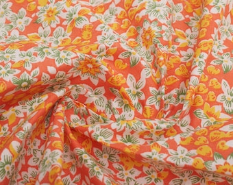 Tecido de algodão floral raro dos anos 1960 – Amarelo e laranja retrô – Peça única para costura