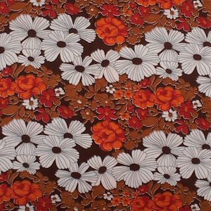 1960s Vintage cotton viscose fabric, flowers orage white brown, BTY