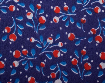 1.4Yd 1950s Vintage cotton fabric, floral red white blue, Quilting Sewing Retro