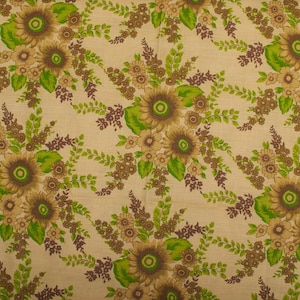 Vintage Cotton Fabric, Beige Floral Print, 1970s Textured Weave, Curtains Home decor