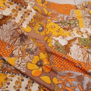 Vintage 1970s Brown Orange Floral Patchwork Viscose Cotton Fabric
