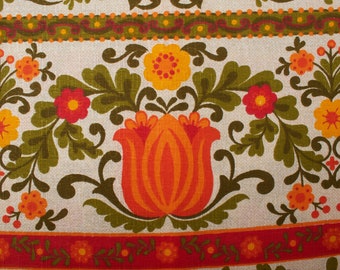 Hermosa decoración del hogar vintage de la década de 1970 tela de algodón texturizada, motivo popular flores de color verde naranja BTY