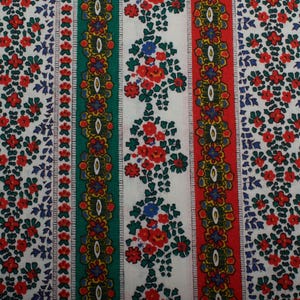 Vintage Cotton Fabric, Red White Floral Stripe Print, 1960s Sewing Material