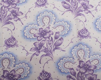 Vintage French Lilac Floral Cotton Linen Fabric, 1940s Home Decor Textile