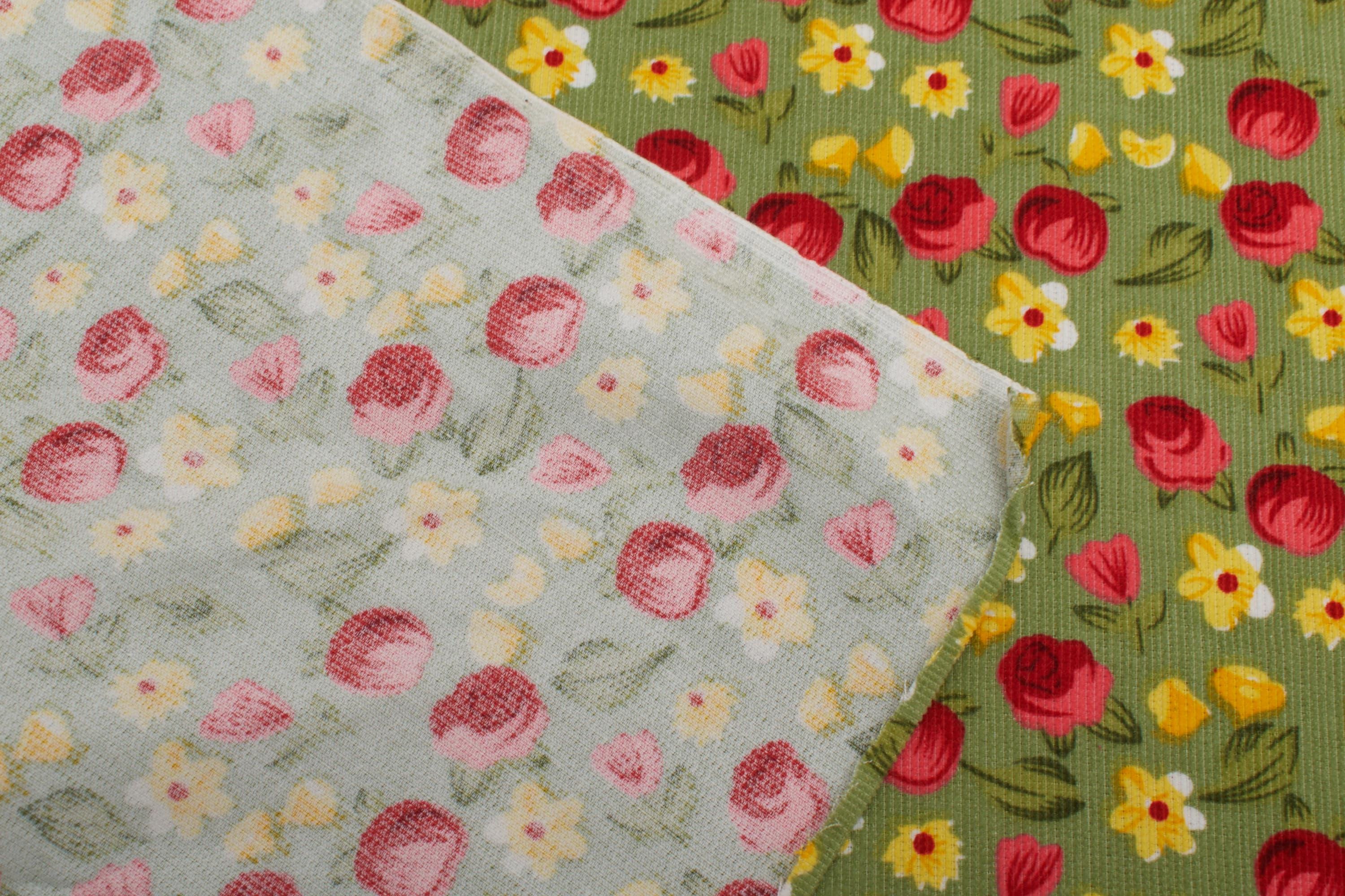 1990s Vintage Floral Corduroy Fabric: Ditsy Roses, Yellow Flowers