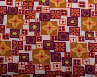 1950s Vintage Viscose Cotton Fabric, Orange, Purple Floral Block Print