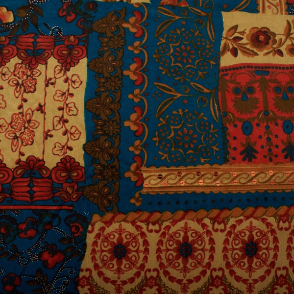 Incroyable tissu en coton micro velours côtelé vintage des années 1990, floral bleu rouge-brun, robe, décoration d'intérieur